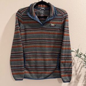 LL Bean Women's Small Striped Snap T Fleece Pullover Sweater Jacket Comfy Warm